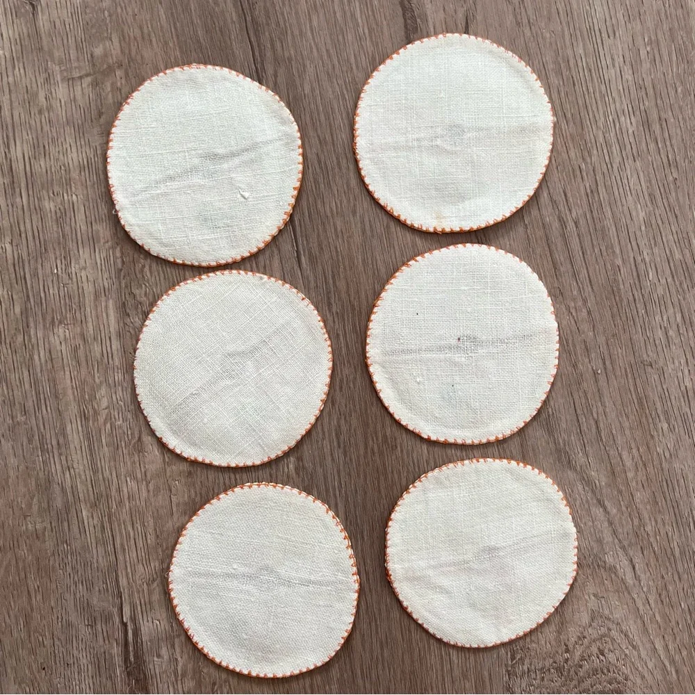 Cute Vintage 6 PCs Linen Wine Glass Slippers‎ Coasters Embroioered Rooster 3”